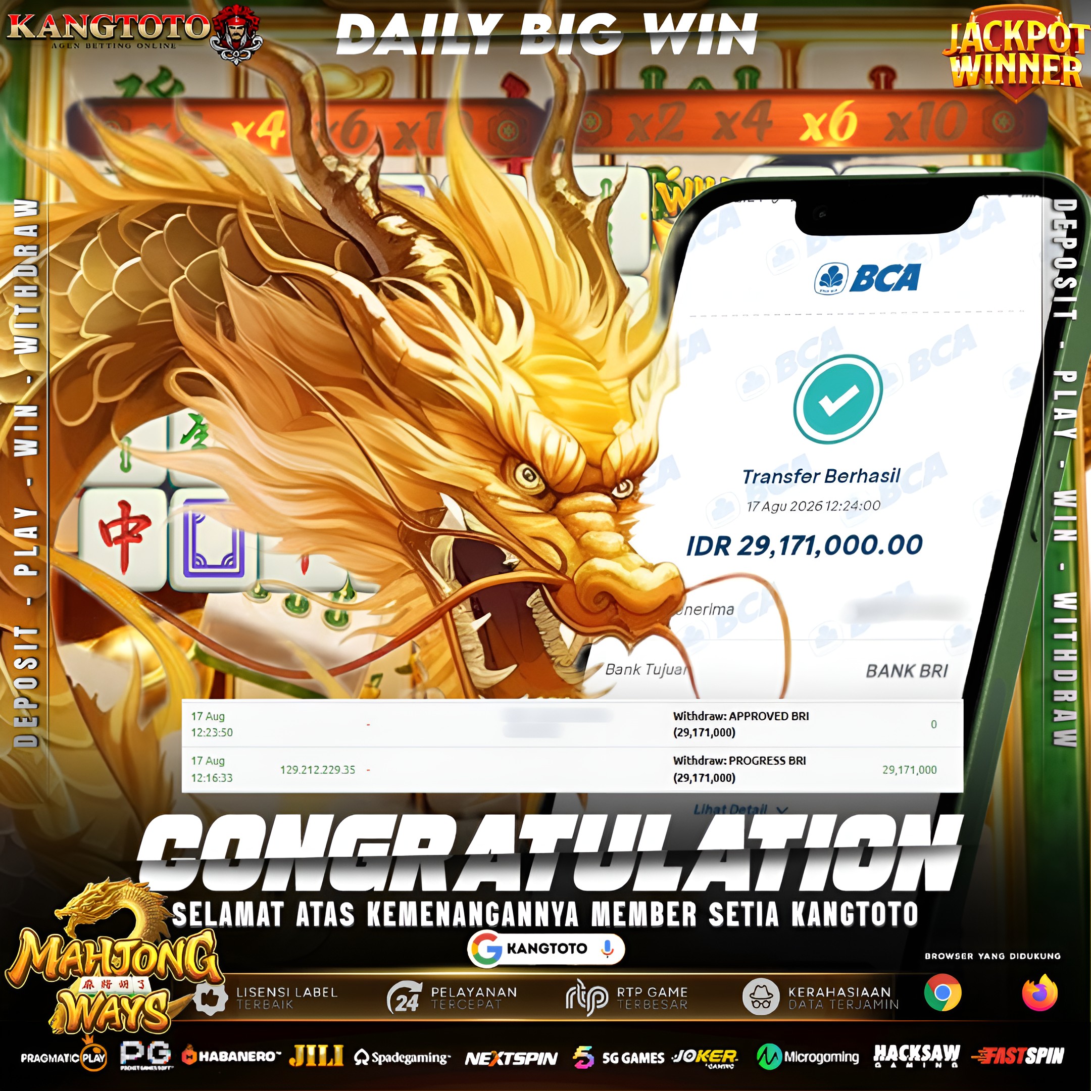 NAGA MAHJONG SEMBUR PERKALIAN! WITHDRAW Rp 29.171.000 CAIR KILAT DI KANGTOTO!