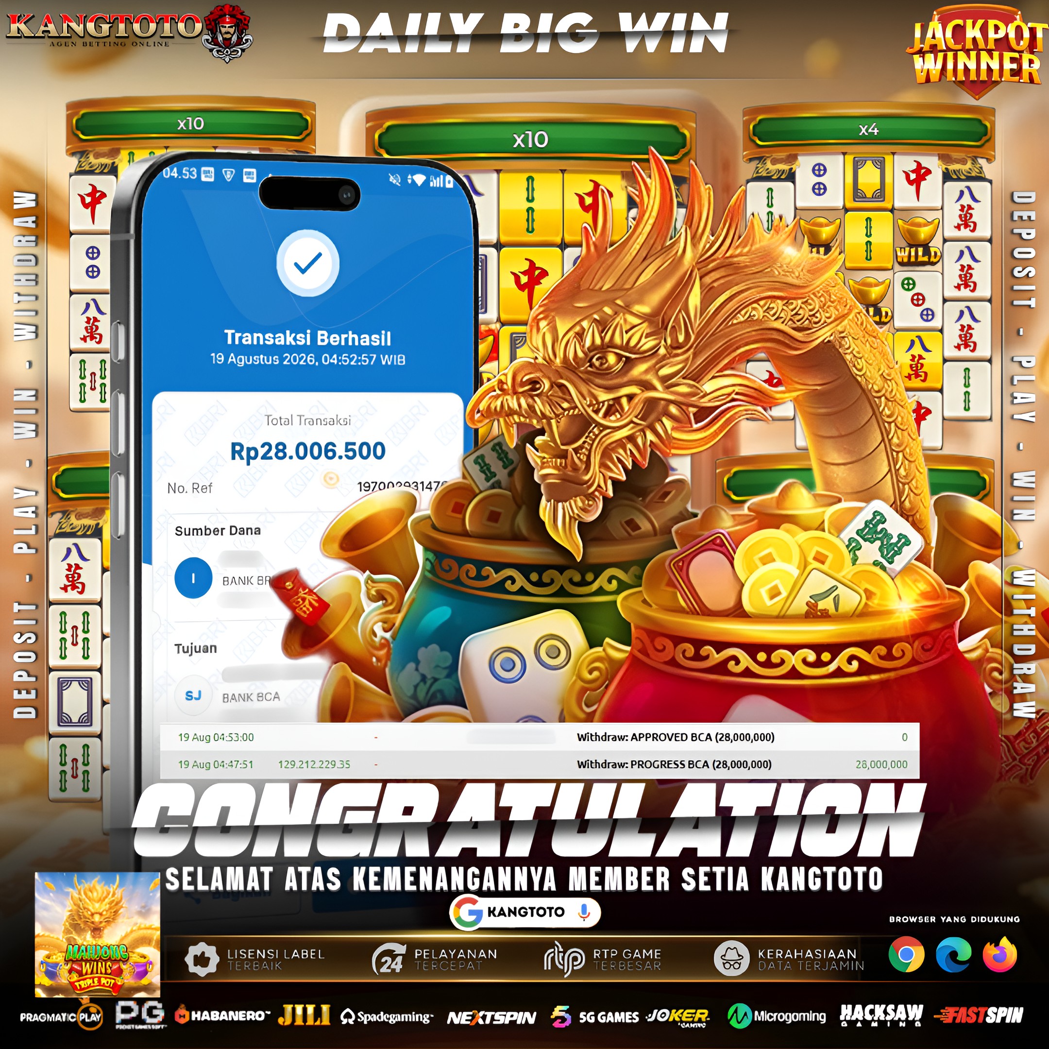 NAGA EMAS BERAKSI! MAHJONG WINS TRIPLE POT WITHDRAW CAIR Rp 28.006.500