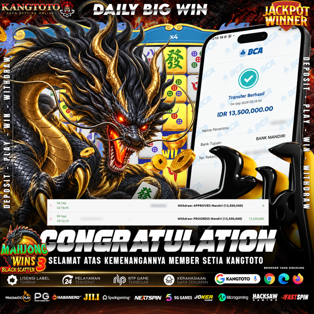 MAHJONG WINS 3 BLACK SCATTER PECAH! WITHDRAW RP 13.500.000 LUNAS DI KANGTOTO!