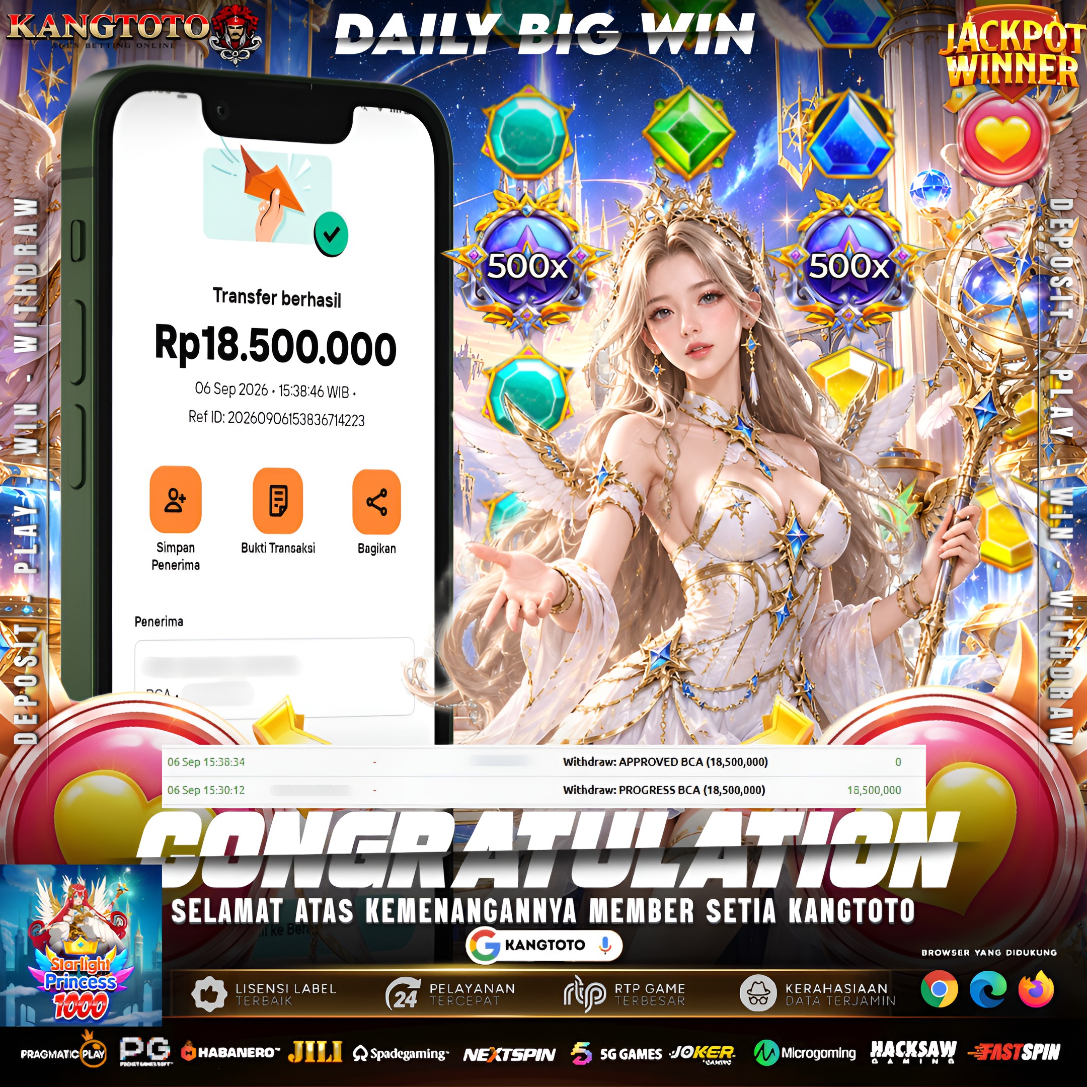 PRINCESS 1000 SAMBAR PERKALIAN 500X! TOTAL WITHDRAW RP 18.500.000 LUNAS DI KANGTOTO!