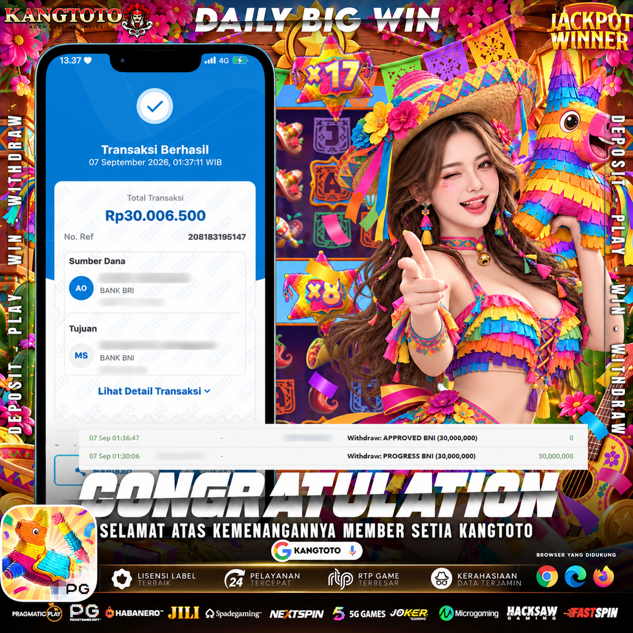 PINATA WINS PUKUL JACKPOT PERKALIAN JUMBO! TOTAL WITHDRAW RP 30.000.000 LUNAS DI KANGTOTO!