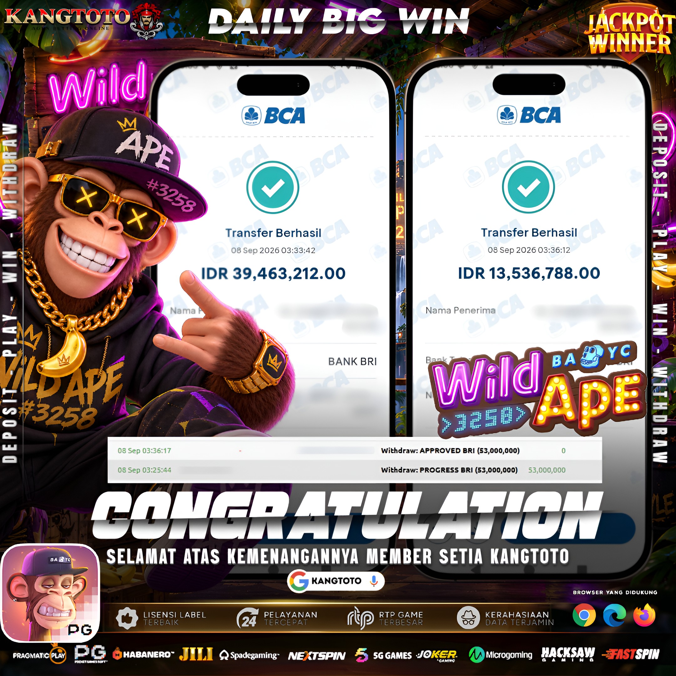WILD APE #3258 NGAMUK MAXWIN! TOTAL WITHDRAW RP 53.000.000 LUNAS DI KANGTOTO!