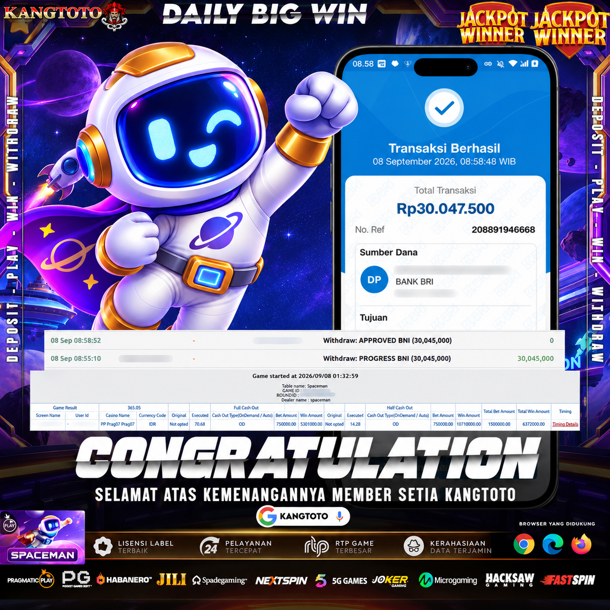 SPACEMAN TERBANG KE ANGKASA! TOTAL WITHDRAW RP 30.045.000 LUNAS DI KANGTOTO!
