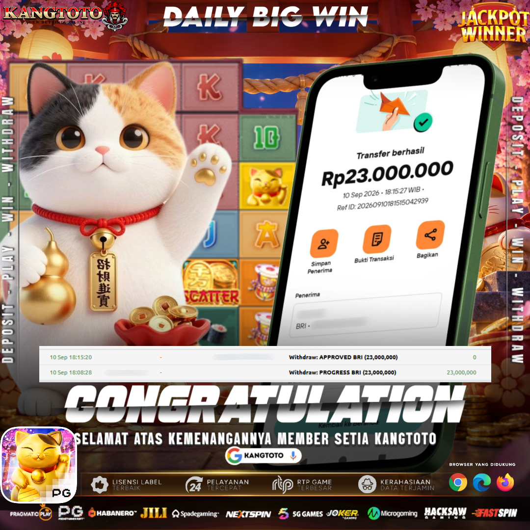 KUCING HOKI REJEKI MELIMPASH! WITHDRAW RP 23.000.000 LUNAS DI KANGTOTO!