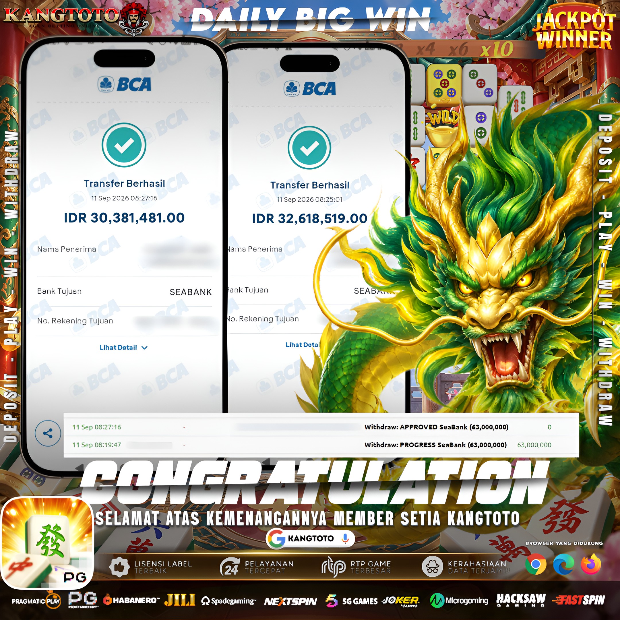 NAGA HIJAU MELETAK! TOTAL WITHDRAW RP 63.000.000 LUNAS DI KANGTOTO!