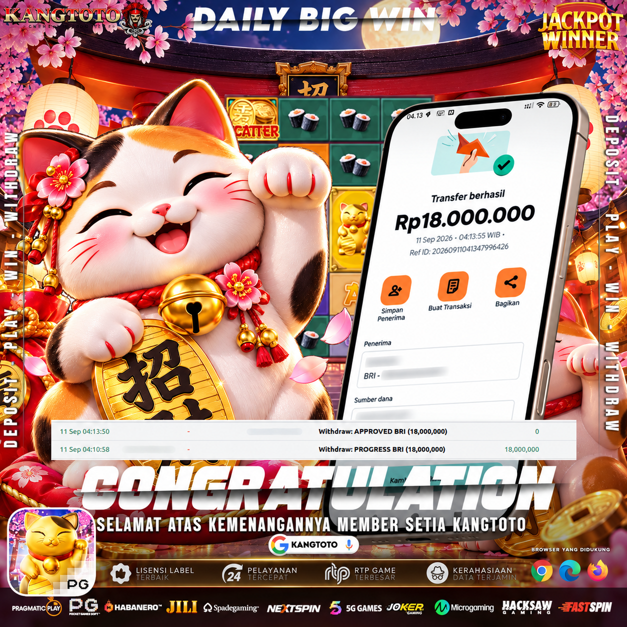 KUCING HOKI MEMBAWA KEBERUNTUNGAN! WITHDRAW RP 18.000.000 LUNAS DI KANGTOTO!