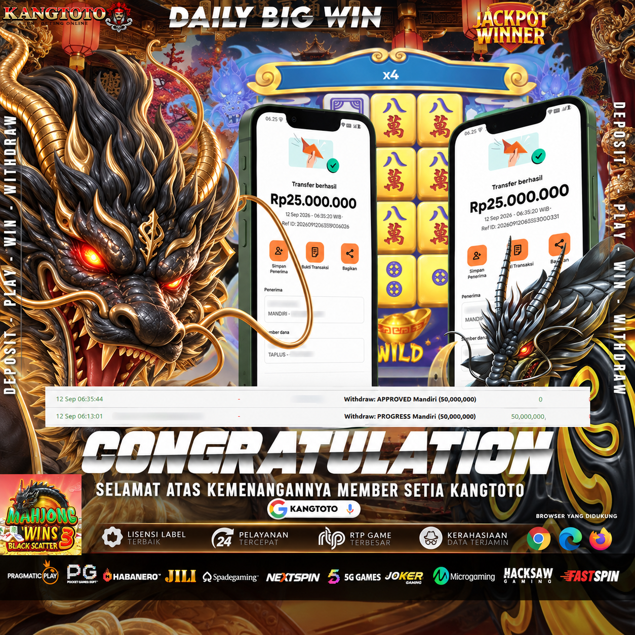 NAGA HITAM MAHJONG WINS 3 UNTUNG BESAR! WITHDRAW RP 50.000.000 LUNAS DI KANGTOTO!