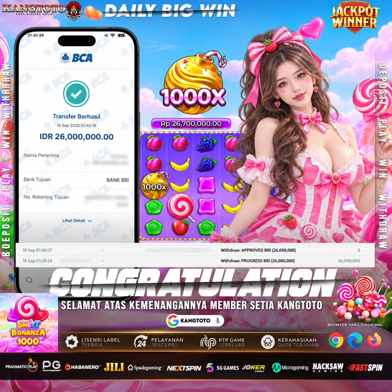 LEDAKAN BOMB 1000X SWEET BONANZA 1000! WITHDRAW RP 26.000.000 LUNAS DI KANGTOTO!