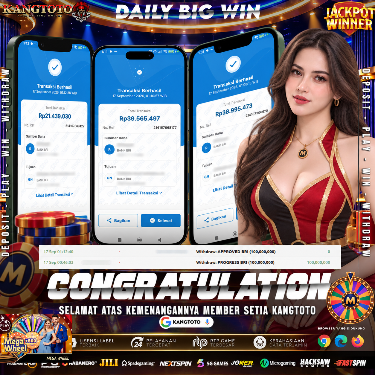 PUTARAN RODA MEGA WHEEL PECAH REKOR SPECTACULAR! WITHDRAW RP 100.000.000 LUNAS DI KANGTOTO!